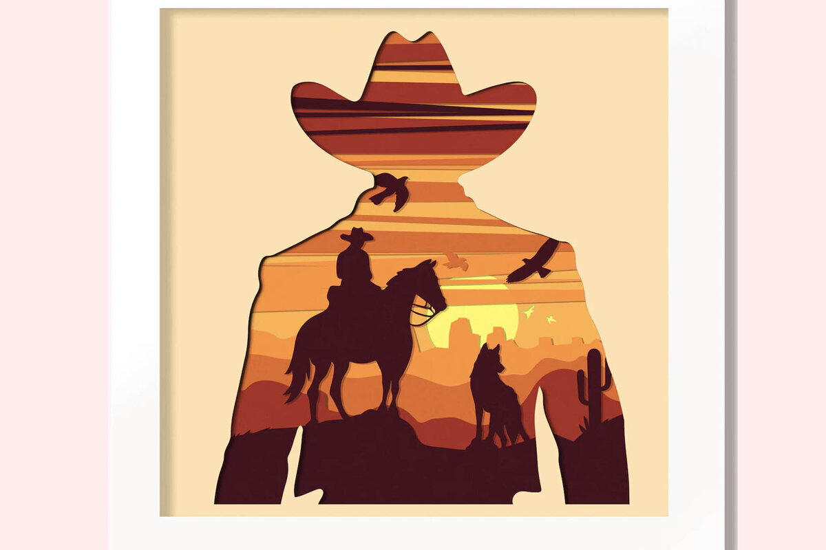 Σετ των 3 Intra απο ξύλο plywood 3mm-4mm πάχος 3D Cowboy Dad, Layered Cowboy Papercut Δίασταση 9x9 cm INTRAFABR-96495314