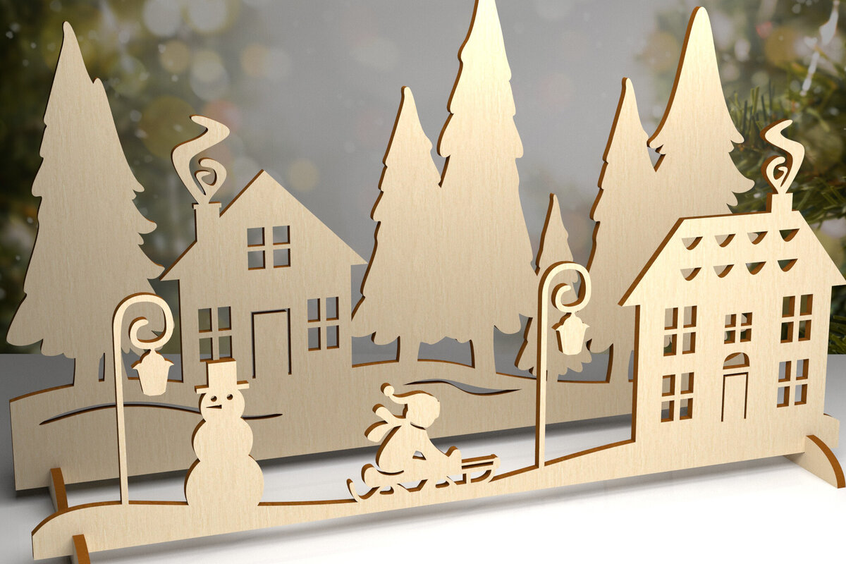 Σετ των 2 Intra απο ξύλο plywood 3mm-4mm πάχος 3D διακόσμηση. Χριστουγεννιάτικου χωριού Δίασταση 15x15 cm INTRAFABR-80232063