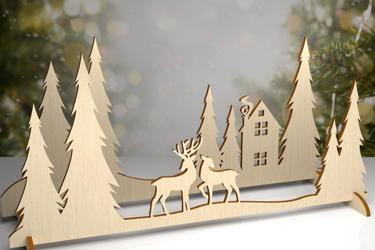 Σετ των 2 Intra απο ξύλο plywood 3mm-4mm πάχος 3D διακόσμηση. Χριστουγεννιάτικου χωριού Δίασταση 15x15 cm INTRAFABR-80232049