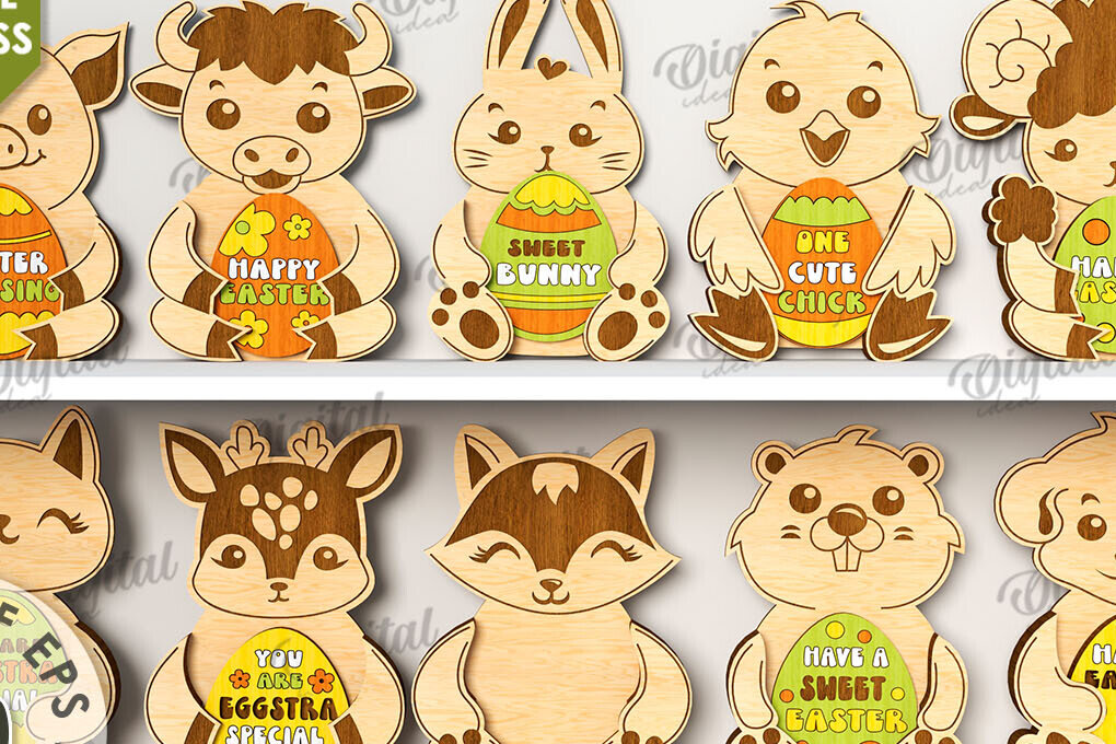 Σετ των 2 Intra απο ξύλο plywood 3mm-4mm πάχος Δέσμη κοπής με λέιζερ 3D Πασχαλινά ζώα Δίασταση 15x15 cm INTRAFABR-117704924