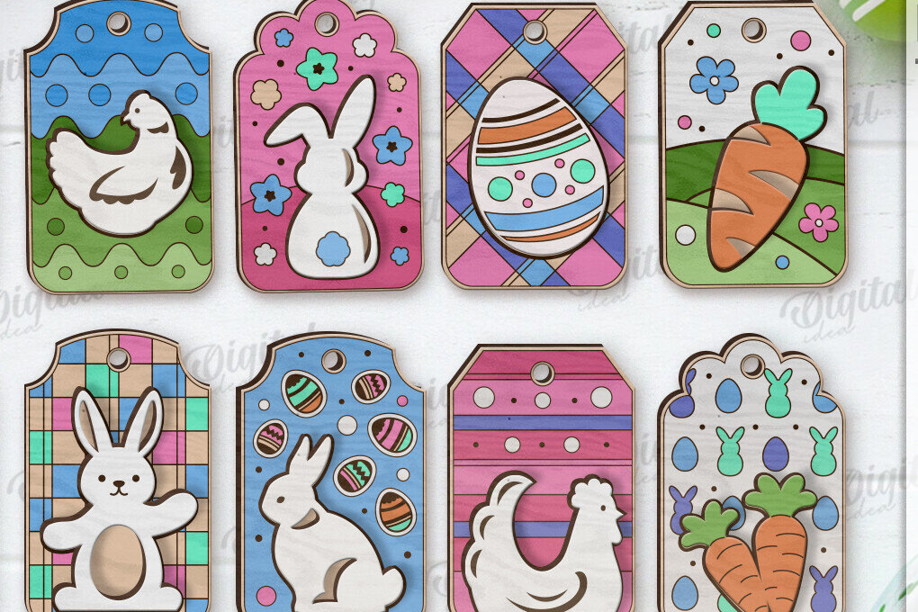 Σετ των 2 Intra απο ξύλο plywood 3mm-4mm πάχος 3D Πασχαλινές ετικέτες δώρου κοπής με λέιζερ Δίασταση 15x15 cm INTRAFABR-118207390