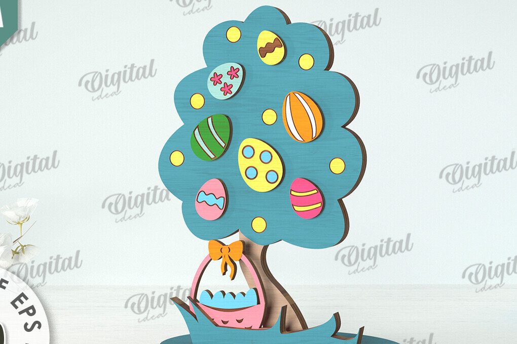 Σετ των 2 Intra απο ξύλο plywood 3mm-4mm πάχος Τρισδιάστατη πασχαλινό δέντρο. Πασχαλινό περίπτερο Δίασταση 15x15 cm INTRAFABR-118276670