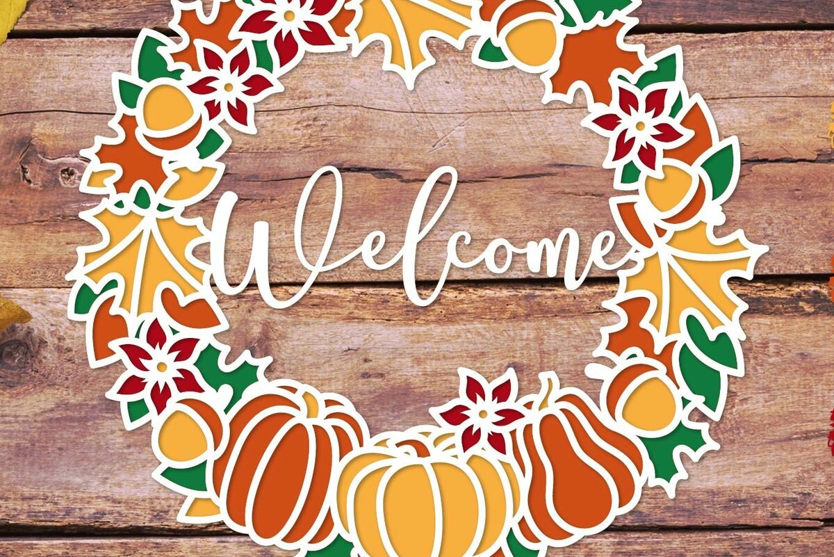 Intra απο ξύλο plywood 3mm-4mm πάχος 3d Φθινοπωρινό στεφάνι , Πόρτα καλωσορίσματος φθινοπώρου Δίασταση 40x40 cm INTRAFABR-35639293