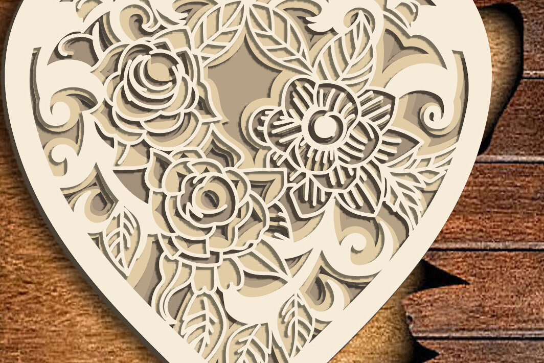 Σετ των 2 Intra απο ξύλο plywood 3mm-4mm πάχος 3d Floral Heart Layered Design Cricut Δίασταση 15x15 cm INTRAFABR-72315677