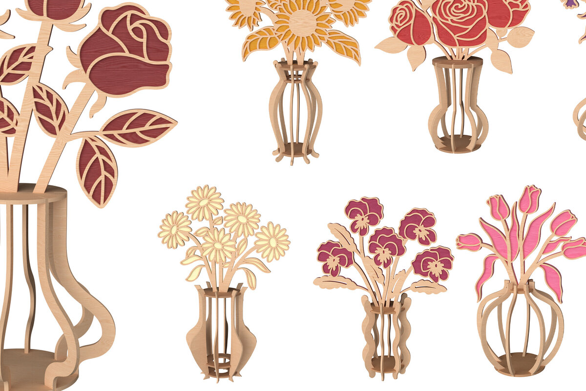 Intra απο ξύλο plywood 3mm-4mm πάχος Τρισδιάστατη δέσμη βάζου λουλουδιών Δίασταση 30x20 cm INTRAFABR-111957361