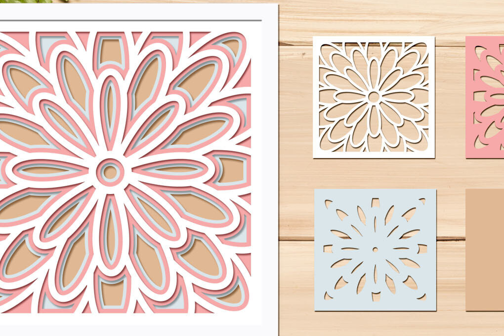 Σετ των 3 Intra απο ξύλο plywood 3mm-4mm πάχος 3d Flowers Mandala Shadow Box Δίασταση 8x8 cm INTRAFABR-69495255