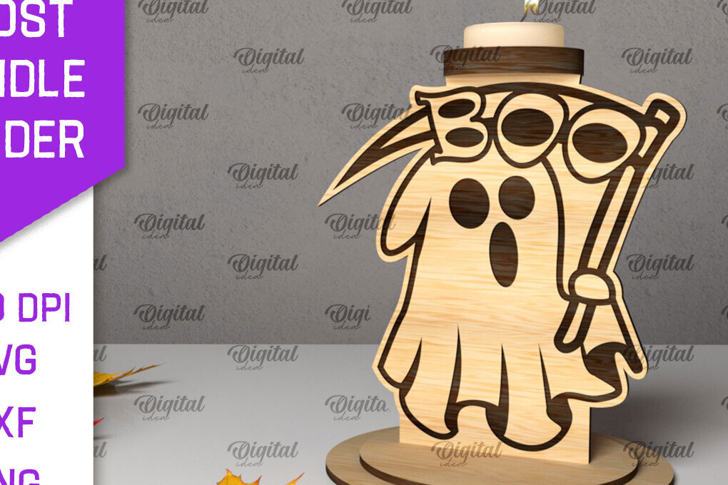 Σετ των 2 Intra απο ξύλο plywood 3mm-4mm πάχος 3D Ghost Candle Holder . Στοιχειωμένος Δίασταση 15x15 cm INTRAFABR-105569581