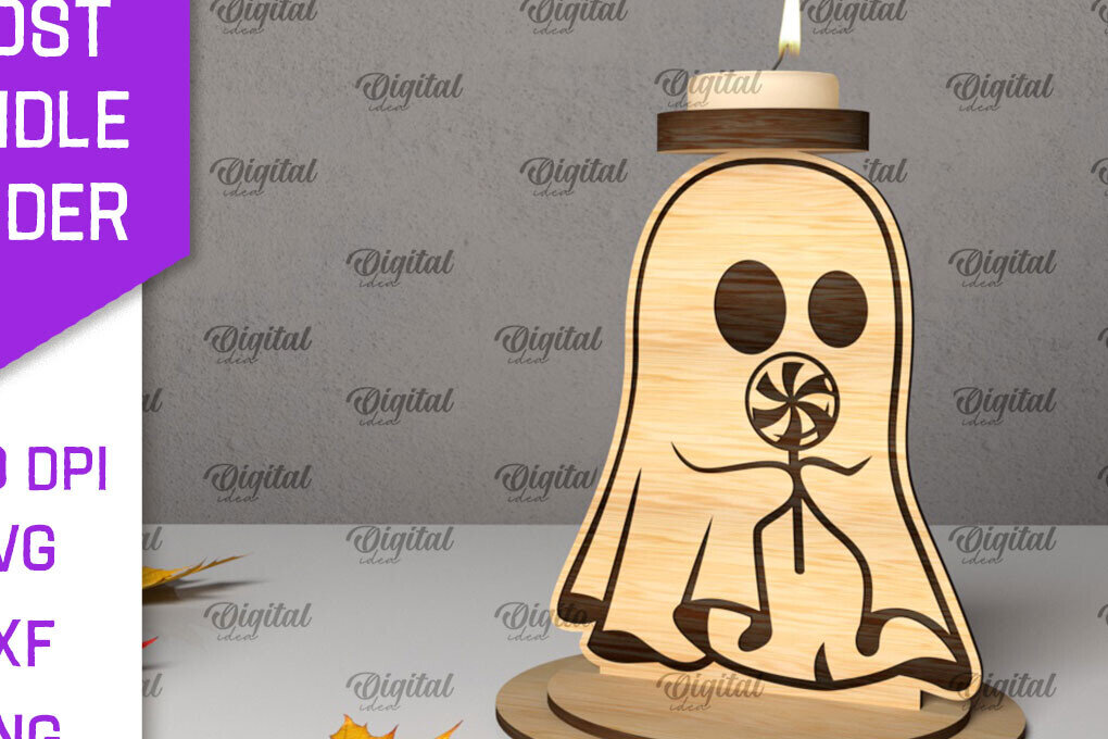 Σετ των 3 Intra απο ξύλο plywood 3mm-4mm πάχος 3D Ghost Candle Holder . Στοιχειωμένος Δίασταση 15x15 cm INTRAFABR-105569643