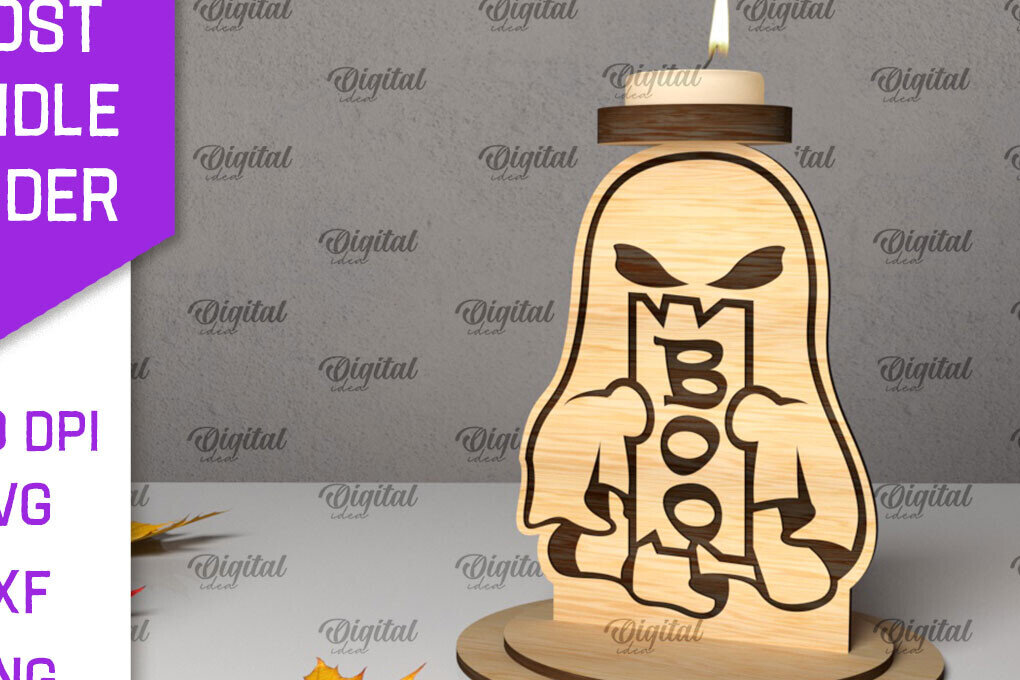 Σετ των 2 Intra απο ξύλο plywood 3mm-4mm πάχος 3D Ghost Candle Holder . Στοιχειωμένος Δίασταση 15x15 cm INTRAFABR-105569668