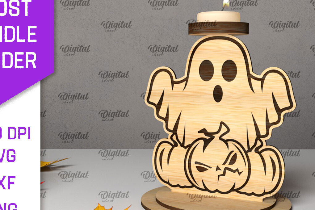 Σετ των 2 Intra απο ξύλο plywood 3mm-4mm πάχος 3D Ghost Candle Holder . Στοιχειωμένος Δίασταση 15x15 cm INTRAFABR-105569541