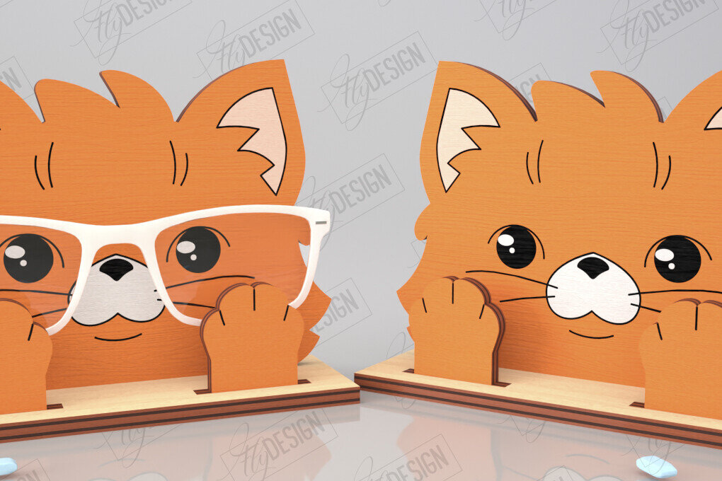 Σετ των 2 Intra απο ξύλο plywood 3mm-4mm πάχος Τρισδιάστατη θήκη γυαλιών κοπής με λέιζερ | Πρόσωπο γάτας Δίασταση 15x15 cm INTRAFABR-121358969