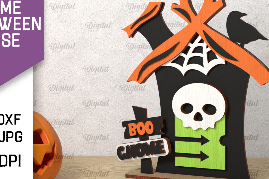 Σετ των 2 Intra απο ξύλο plywood 3mm-4mm πάχος Τρισδιάστατο Gnome Halloween House με λέιζερ Δίασταση 15x15 cm INTRAFABR-106602324