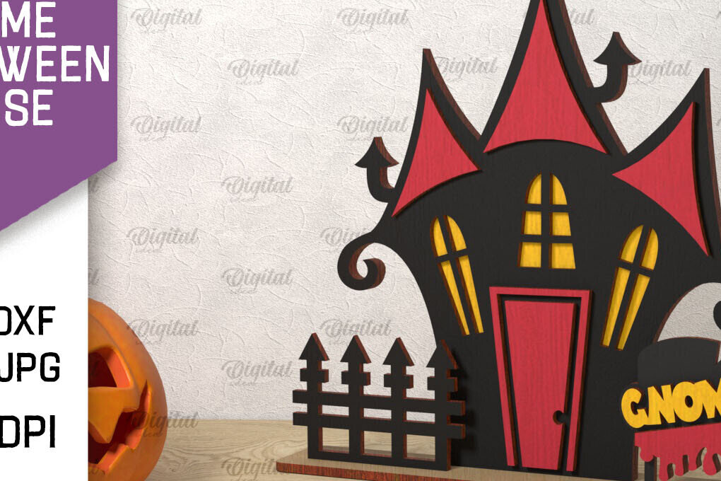 Σετ των 2 Intra απο ξύλο plywood 3mm-4mm πάχος Τρισδιάστατο Gnome Halloween House με λέιζερ Δίασταση 15x15 cm INTRAFABR-106602427