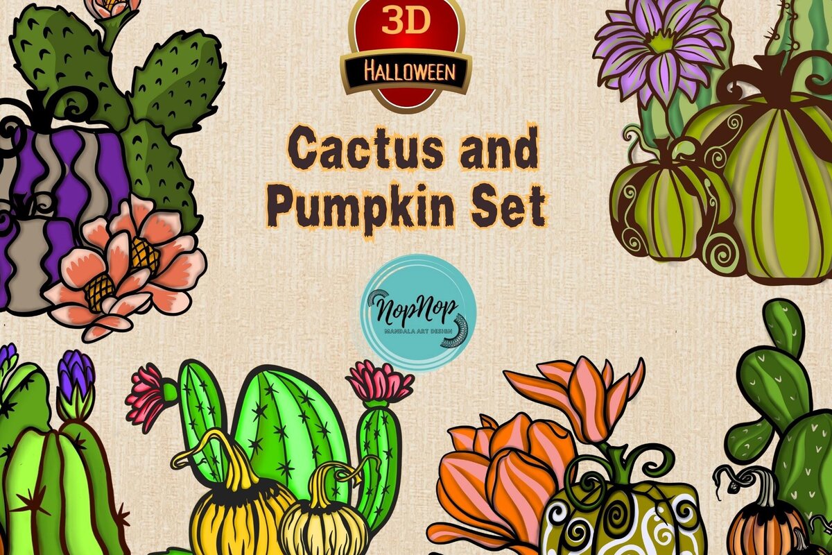 Σετ των 2 Intra απο ξύλο plywood 3mm-4mm πάχος τρισδιάστατο κάκτων και κολοκύθας αποκριών Δίασταση 15x15 cm INTRAFABR-79005244