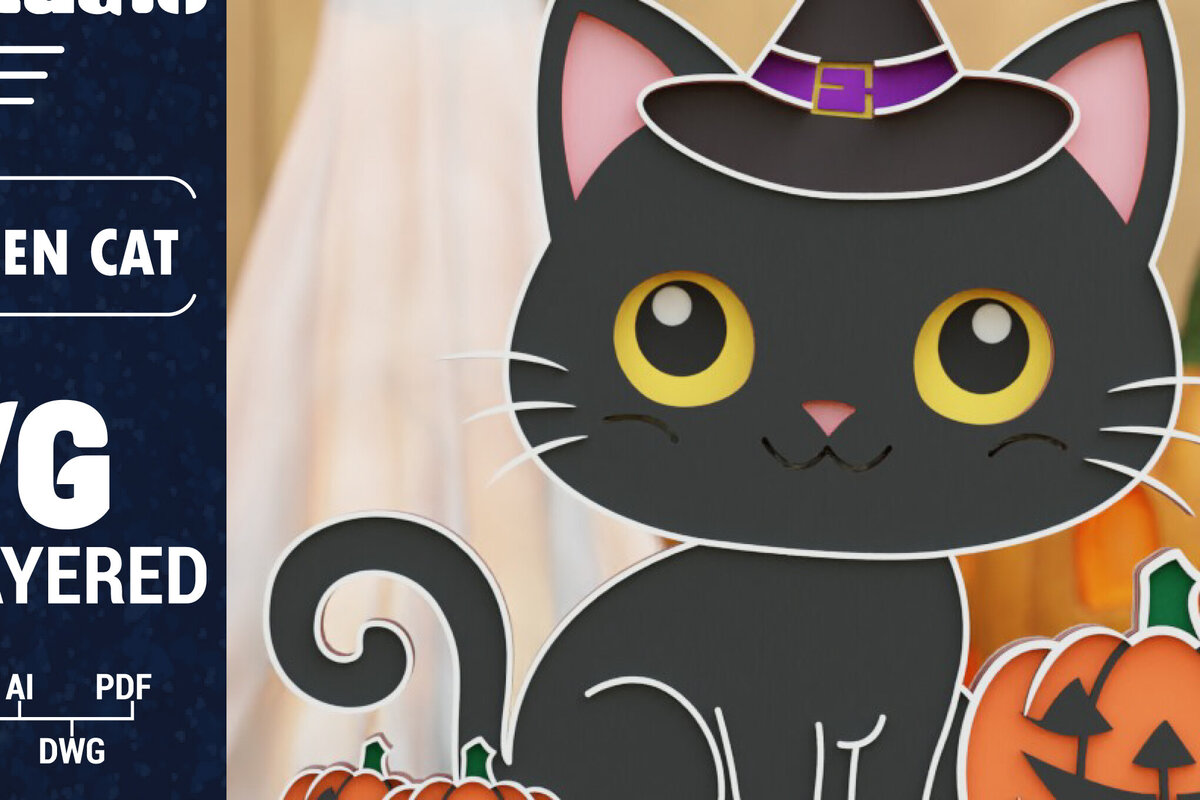 Σετ των 2 Intra απο ξύλο plywood 3mm-4mm πάχος Τρισδιάστατη αποκριάτικη γάτα Δίασταση 1200x1200 cm INTRAFABR-105998073