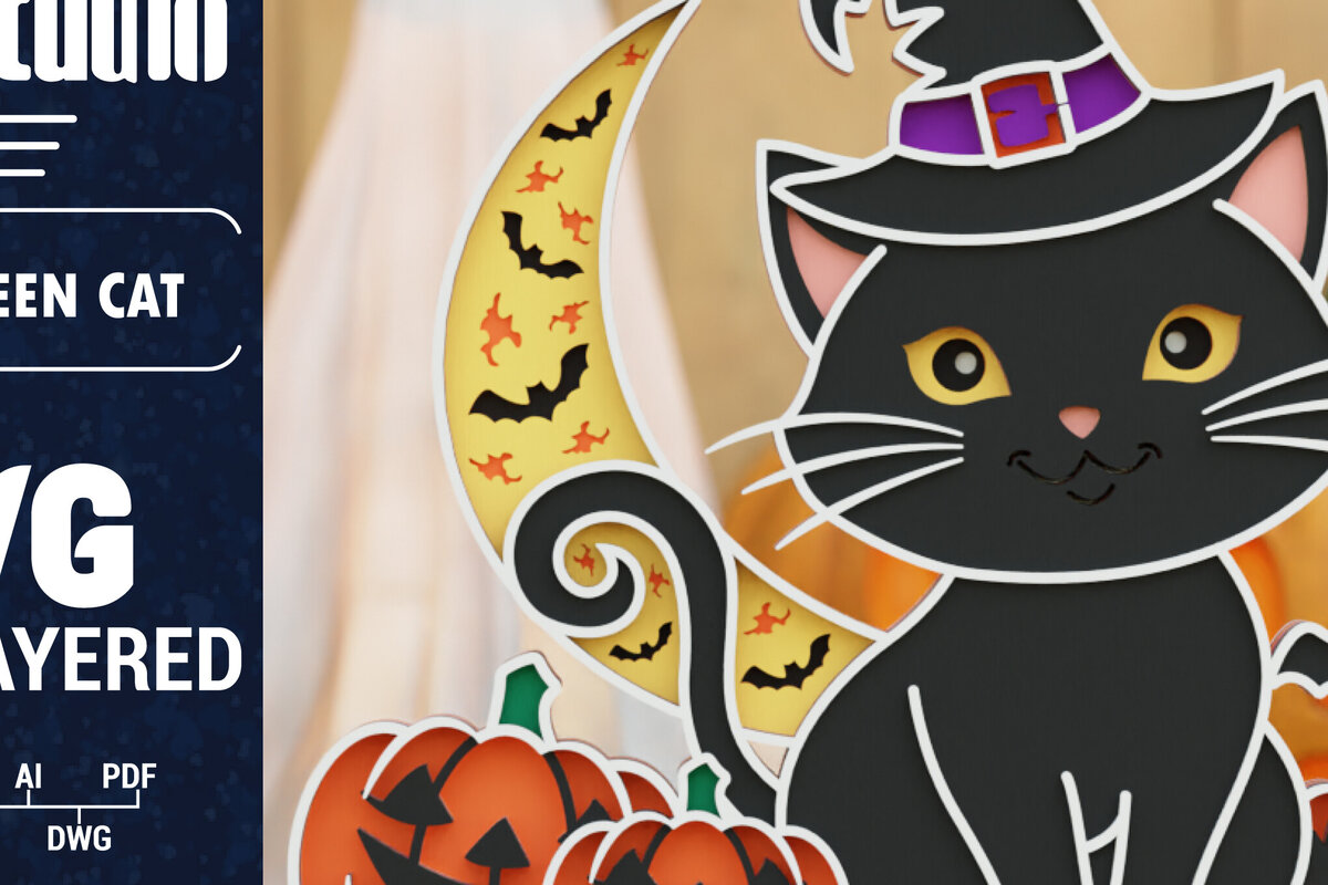 Σετ των 2 Intra απο ξύλο plywood 3mm-4mm πάχος Τρισδιάστατη αποκριάτικη γάτα Δίασταση 1200x1200 cm INTRAFABR-106034274