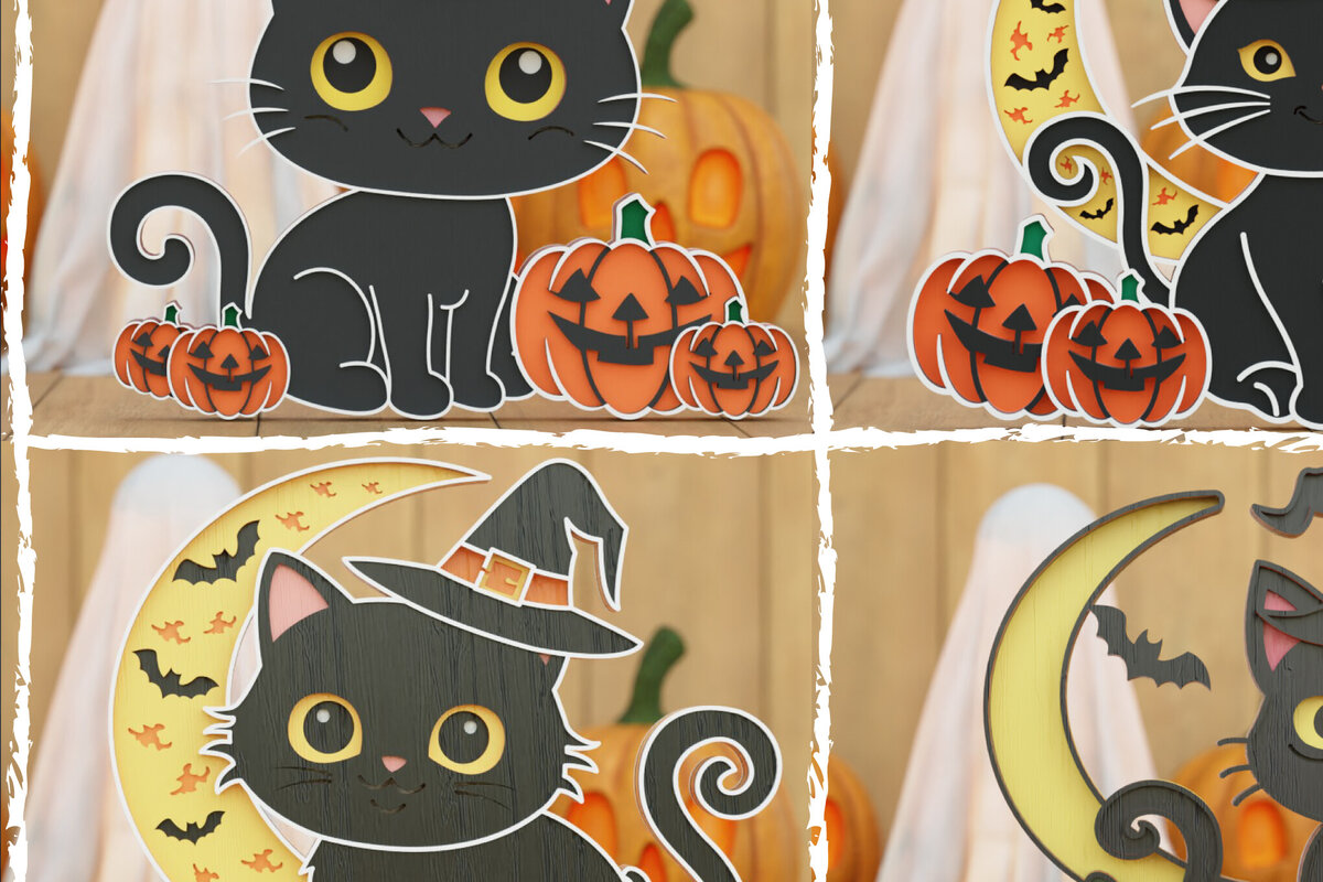 Σετ των 2 Intra απο ξύλο plywood 3mm-4mm πάχος Τρισδιάστατη αποκριάτικη γάτα Δίασταση 1200x1200 cm INTRAFABR-106097234