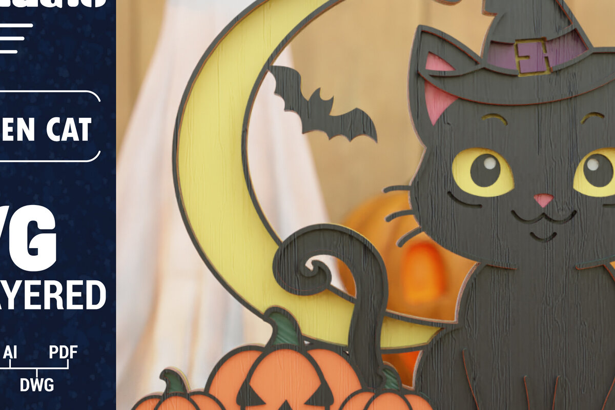 Σετ των 2 Intra απο ξύλο plywood 3mm-4mm πάχος Τρισδιάστατη αποκριάτικη γάτα Δίασταση 1200x1200 cm INTRAFABR-105960623