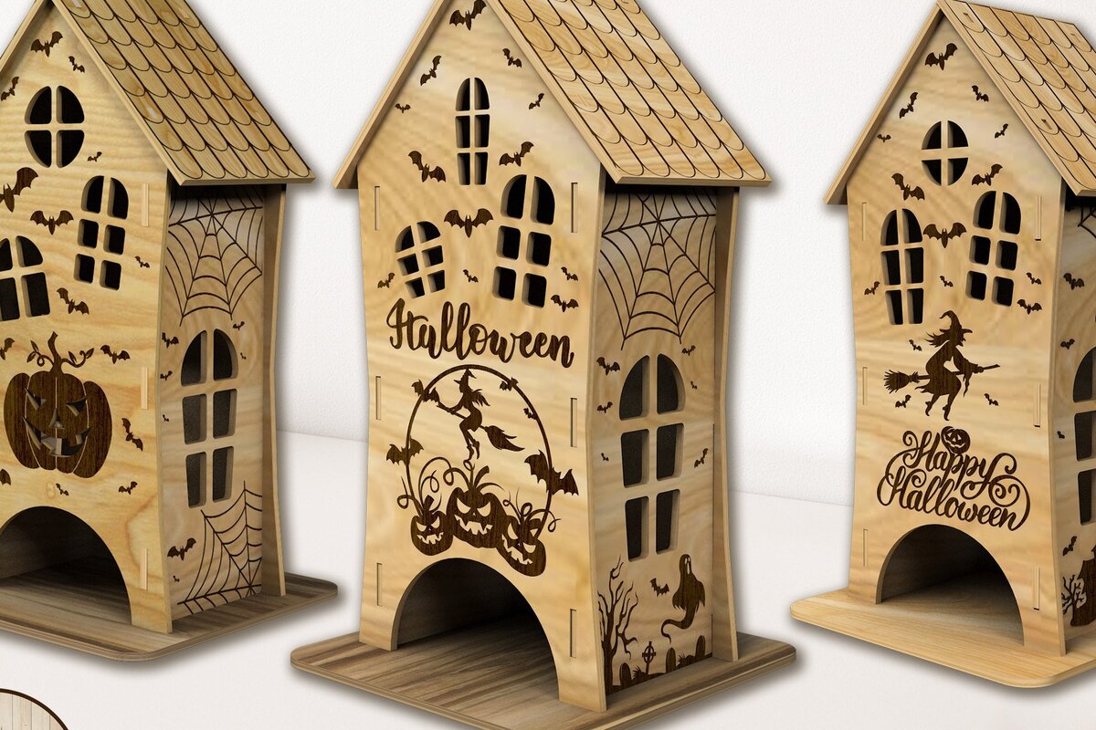 Σετ των 2 Intra απο ξύλο plywood 3mm-4mm πάχος 3D HALLOWEEN HOUSE Δίασταση 15x15 cm INTRAFABR-35691583