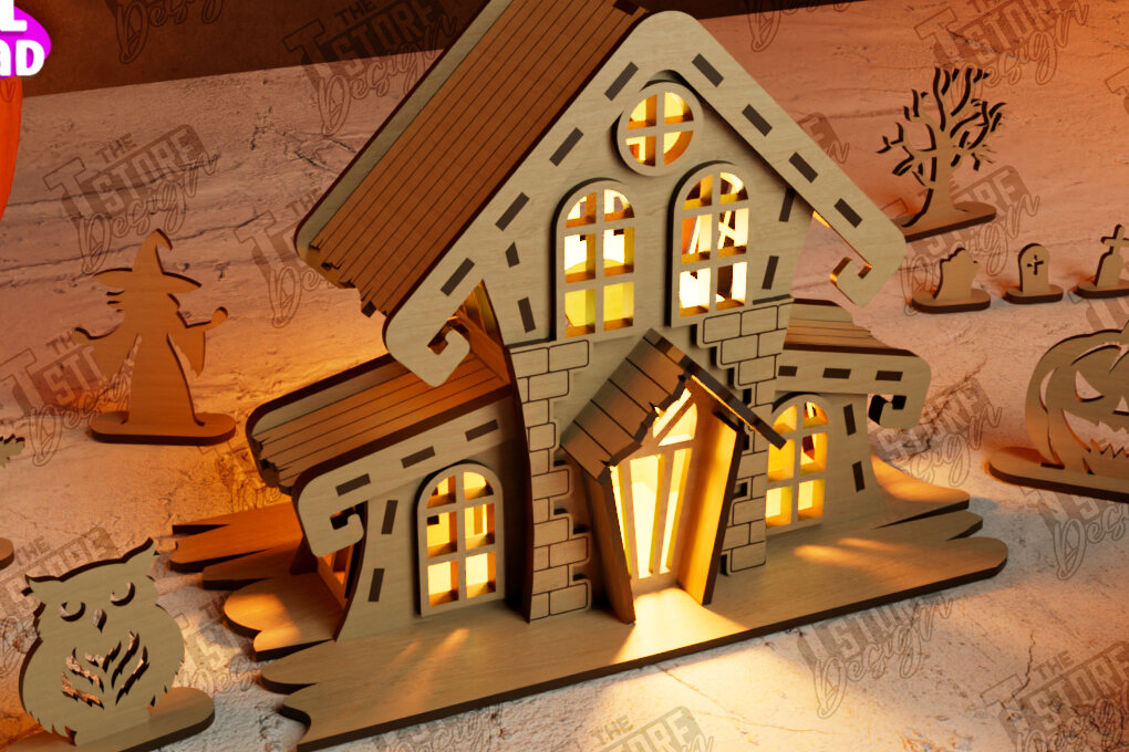 Σετ των 2 Intra απο ξύλο plywood 3mm-4mm πάχος 3D Halloween Lantern Haunted House | CNC Δίασταση 15x15 cm INTRAFABR-105203187