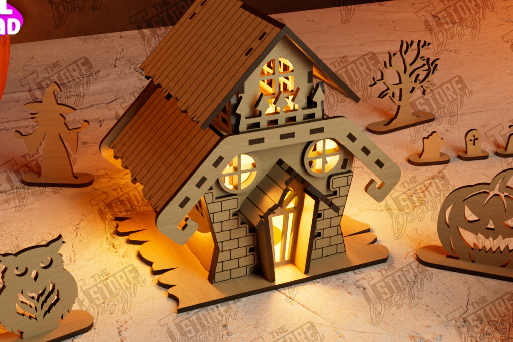 Σετ των 2 Intra απο ξύλο plywood 3mm-4mm πάχος 3D Halloween Lantern Haunted House | CNC Δίασταση 15x15 cm INTRAFABR-105203166