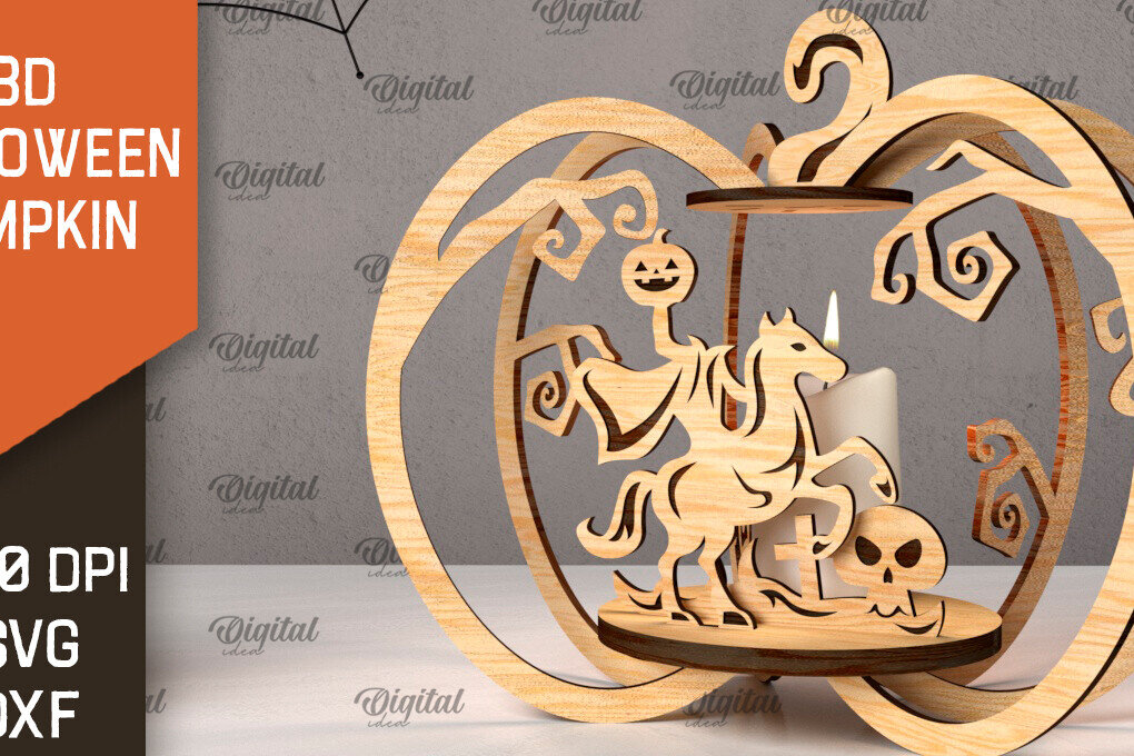 Σετ των 2 Intra απο ξύλο plywood 3mm-4mm πάχος Τρισδιάστατο σχέδιο αποκοπής λέιζερ κολοκύθας αποκριών Δίασταση 15x15 cm INTRAFABR-107014129