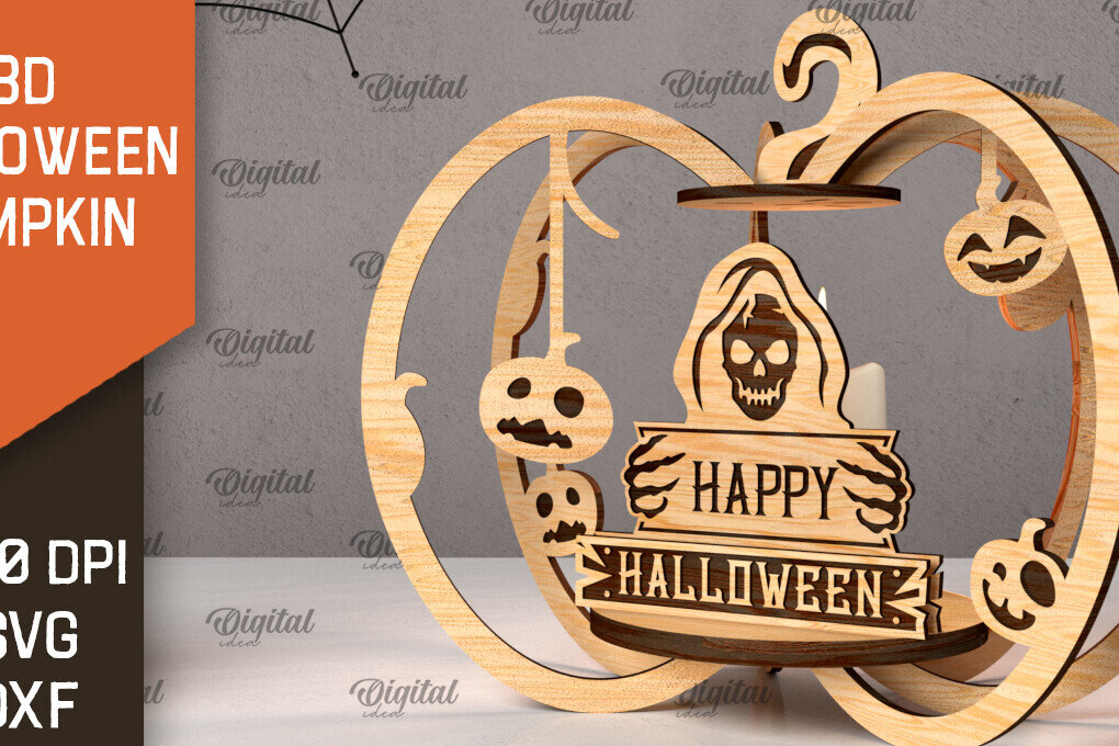 Σετ των 2 Intra απο ξύλο plywood 3mm-4mm πάχος Τρισδιάστατο σχέδιο αποκοπής λέιζερ κολοκύθας αποκριών Δίασταση 15x15 cm INTRAFABR-107013737