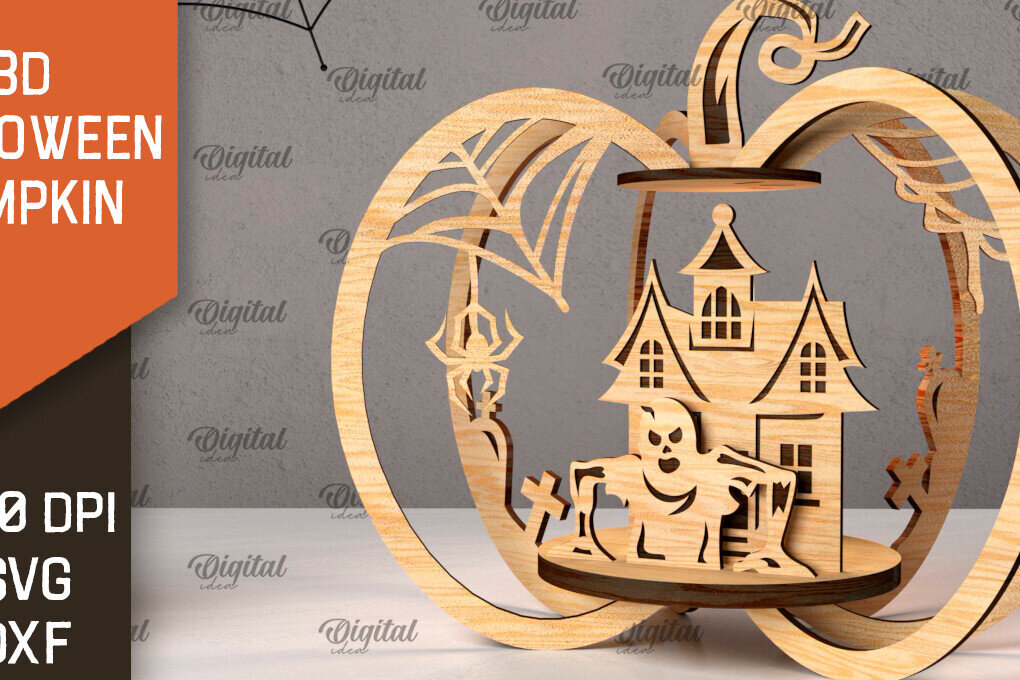 Σετ των 2 Intra απο ξύλο plywood 3mm-4mm πάχος Τρισδιάστατο σχέδιο αποκοπής λέιζερ κολοκύθας αποκριών Δίασταση 15x15 cm INTRAFABR-107013779