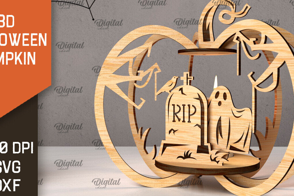 Σετ των 2 Intra απο ξύλο plywood 3mm-4mm πάχος Τρισδιάστατο σχέδιο αποκοπής λέιζερ κολοκύθας αποκριών Δίασταση 15x15 cm INTRAFABR-107013950