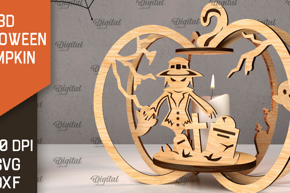 Σετ των 3 Intra απο ξύλο plywood 3mm-4mm πάχος Τρισδιάστατο σχέδιο αποκοπής λέιζερ κολοκύθας αποκριών Δίασταση 15x15 cm INTRAFABR-107014024