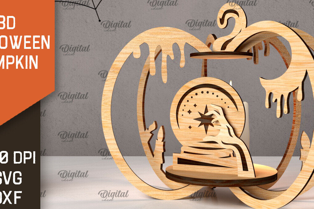 Σετ των 2 Intra απο ξύλο plywood 3mm-4mm πάχος Τρισδιάστατο σχέδιο αποκοπής λέιζερ κολοκύθας αποκριών Δίασταση 15x15 cm INTRAFABR-107014073