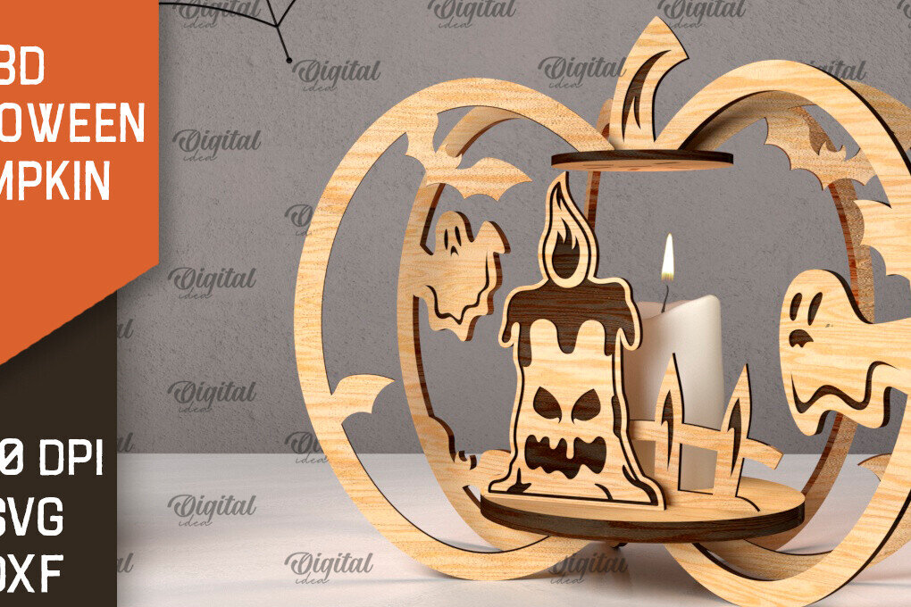 Σετ των 2 Intra απο ξύλο plywood 3mm-4mm πάχος Τρισδιάστατο σχέδιο αποκοπής λέιζερ κολοκύθας αποκριών Δίασταση 15x15 cm INTRAFABR-107014097