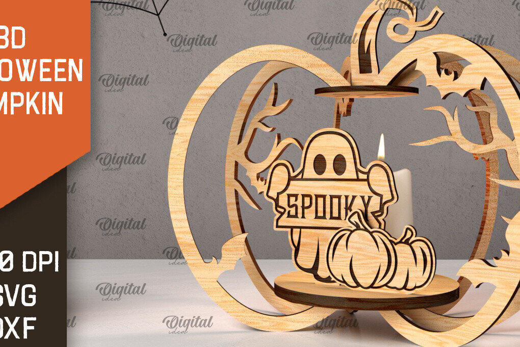 Σετ των 2 Intra απο ξύλο plywood 3mm-4mm πάχος Τρισδιάστατο σχέδιο αποκοπής λέιζερ κολοκύθας αποκριών Δίασταση 15x15 cm INTRAFABR-107013597