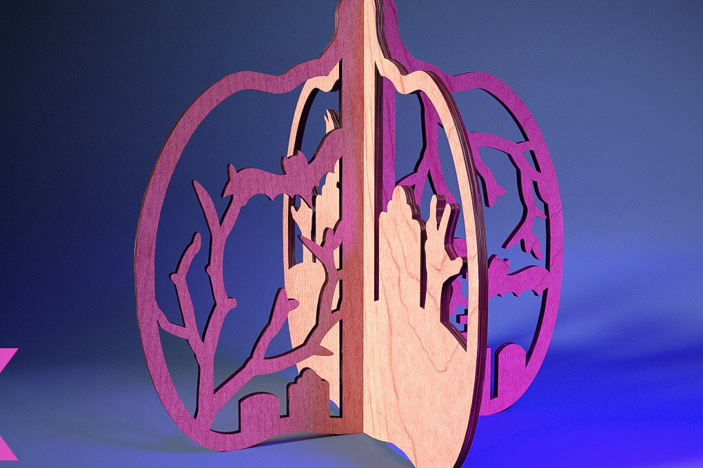 Σετ των 2 Intra απο ξύλο plywood 3mm-4mm πάχος 3D Halloween Pumpkin | Δίασταση 15x15 cm INTRAFABR-73060500