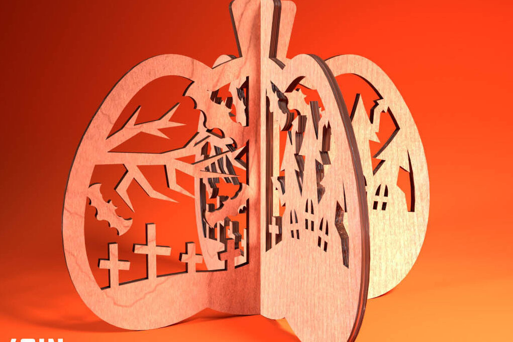 Σετ των 2 Intra απο ξύλο plywood 3mm-4mm πάχος 3D Halloween Pumpkin | Δίασταση 15x15 cm INTRAFABR-75399864