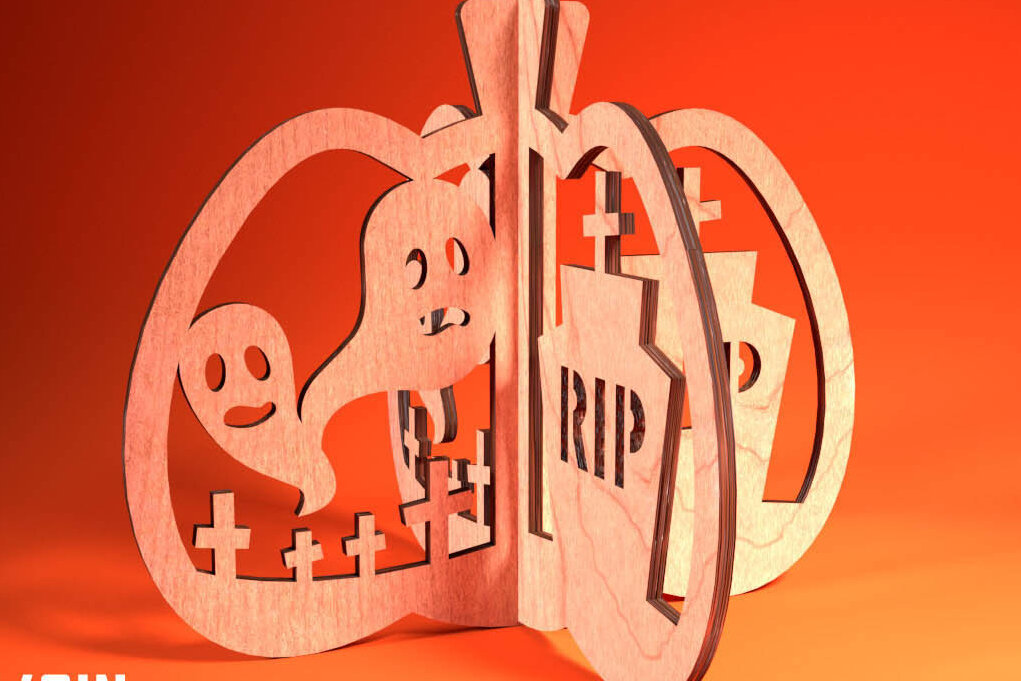 Σετ των 2 Intra απο ξύλο plywood 3mm-4mm πάχος 3D Halloween Pumpkin | Δίασταση 15x15 cm INTRAFABR-75399626