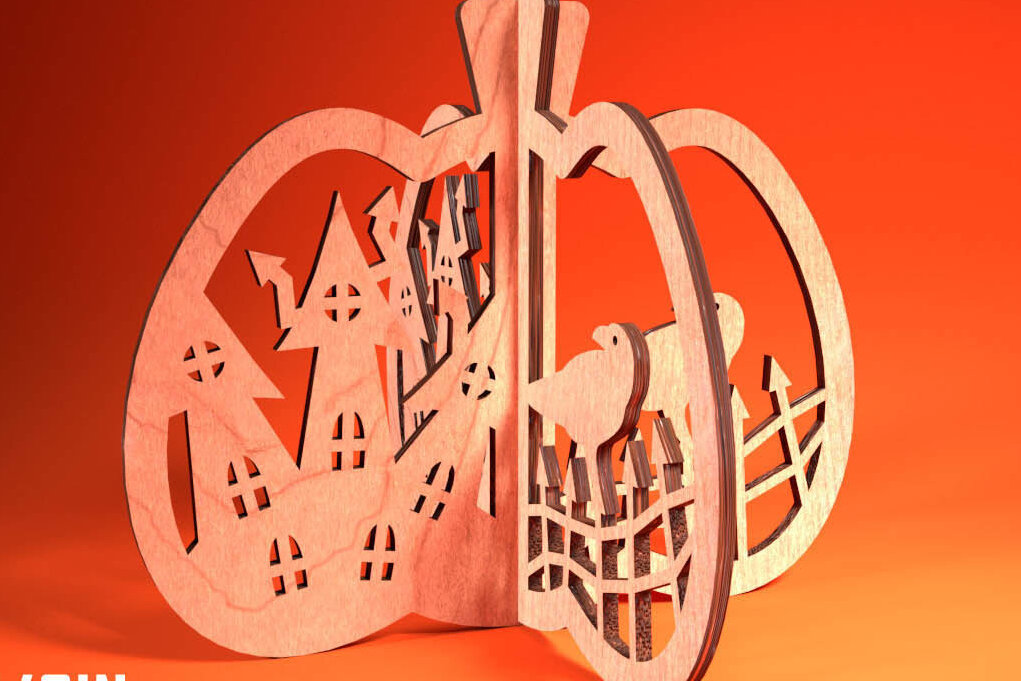 Σετ των 2 Intra απο ξύλο plywood 3mm-4mm πάχος 3D Halloween Pumpkin | Δίασταση 15x15 cm INTRAFABR-75399690