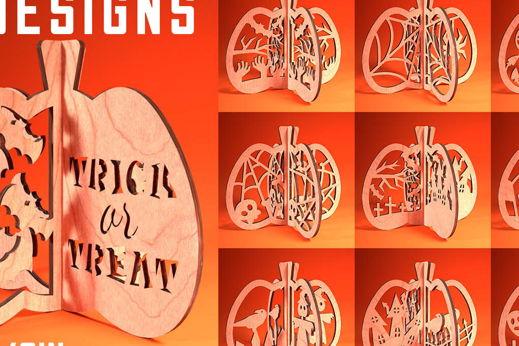 Σετ των 2 Intra απο ξύλο plywood 3mm-4mm πάχος 3D Halloween Pumpkin | Δίασταση 15x15 cm INTRAFABR-75399488