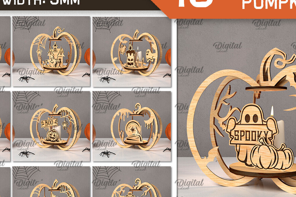 Σετ των 2 Intra απο ξύλο plywood 3mm-4mm πάχος Δέσμη κοπής με λέιζερ 3D Halloween Pumpkins Δίασταση 15x15 cm INTRAFABR-107015822