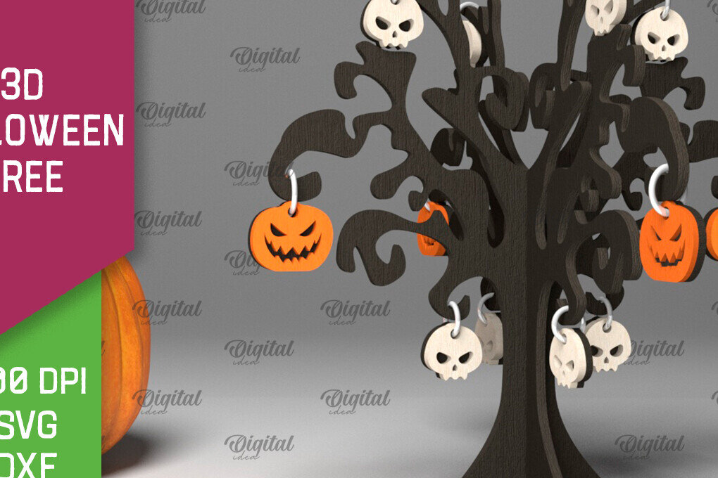 Σετ των 2 Intra απο ξύλο plywood 3mm-4mm πάχος Τρισδιάστατο σχέδιο αποκοπής με λέιζερ αποκριάτικων δέντρων Δίασταση 15x15 cm INTRAFABR-104688746