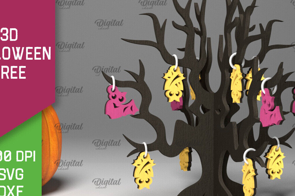 Σετ των 2 Intra απο ξύλο plywood 3mm-4mm πάχος Τρισδιάστατο σχέδιο αποκοπής με λέιζερ αποκριάτικων δέντρων Δίασταση 15x15 cm INTRAFABR-104688563