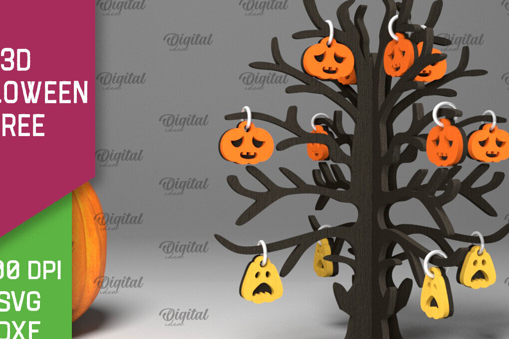 Σετ των 2 Intra απο ξύλο plywood 3mm-4mm πάχος Τρισδιάστατο σχέδιο αποκοπής με λέιζερ αποκριάτικων δέντρων Δίασταση 15x15 cm INTRAFABR-104688668