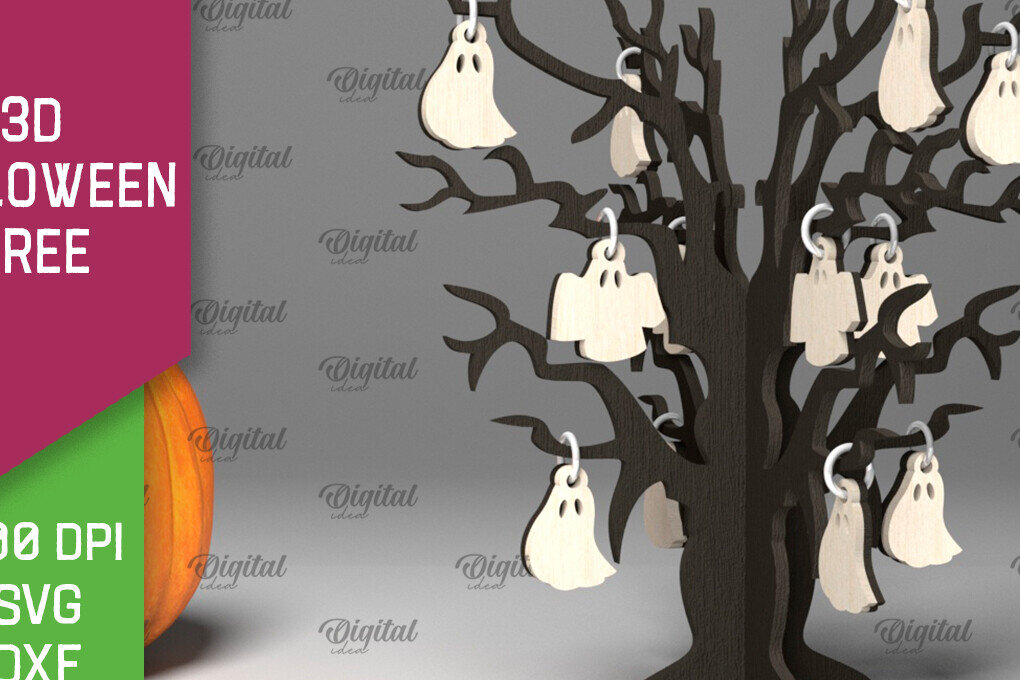 Σετ των 2 Intra απο ξύλο plywood 3mm-4mm πάχος Τρισδιάστατο σχέδιο αποκοπής με λέιζερ αποκριάτικων δέντρων Δίασταση 15x15 cm INTRAFABR-104688709