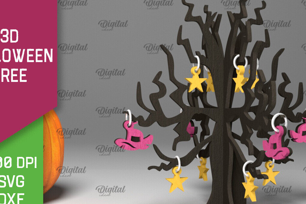 Σετ των 2 Intra απο ξύλο plywood 3mm-4mm πάχος Τρισδιάστατο σχέδιο αποκοπής με λέιζερ αποκριάτικων δέντρων Δίασταση 15x15 cm INTRAFABR-104688726