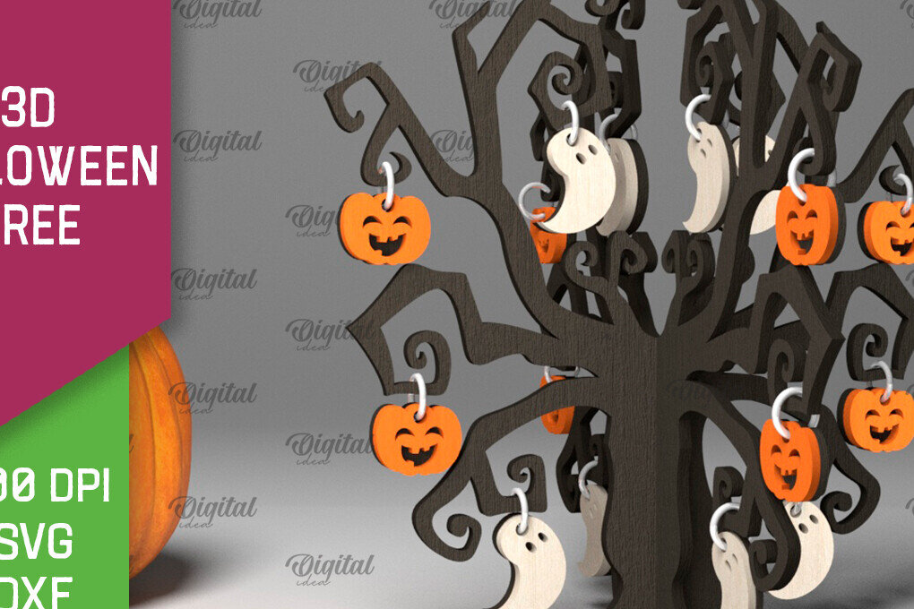 Σετ των 2 Intra απο ξύλο plywood 3mm-4mm πάχος Τρισδιάστατο σχέδιο αποκοπής με λέιζερ αποκριάτικων δέντρων Δίασταση 15x15 cm INTRAFABR-104687901