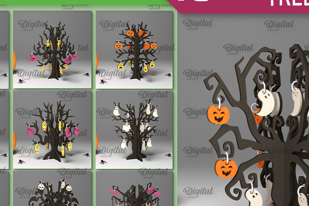Intra απο ξύλο plywood 3mm-4mm πάχος Δέσμη κοπής με λέιζερ 3D Halloween Trees Δίασταση 15x15 cm INTRAFABR-104756296
