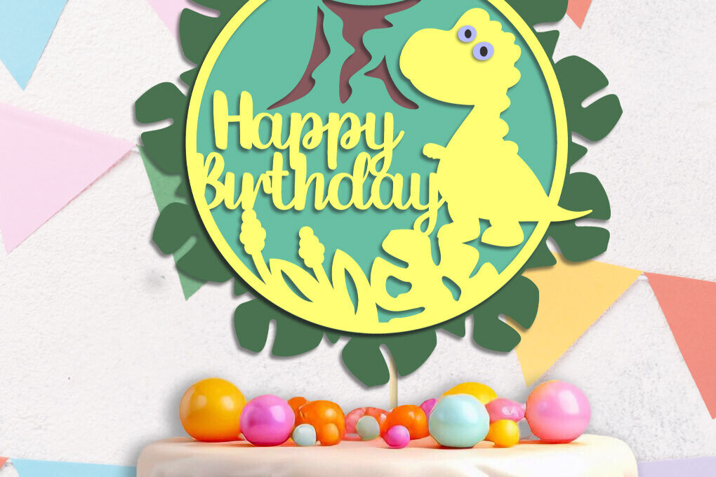 Σετ των 2 Intra απο ξύλο plywood 3mm-4mm πάχος 3d Happy Birthday Cake Topper, Dino Δίασταση 15x15 cm INTRAFABR-119667273