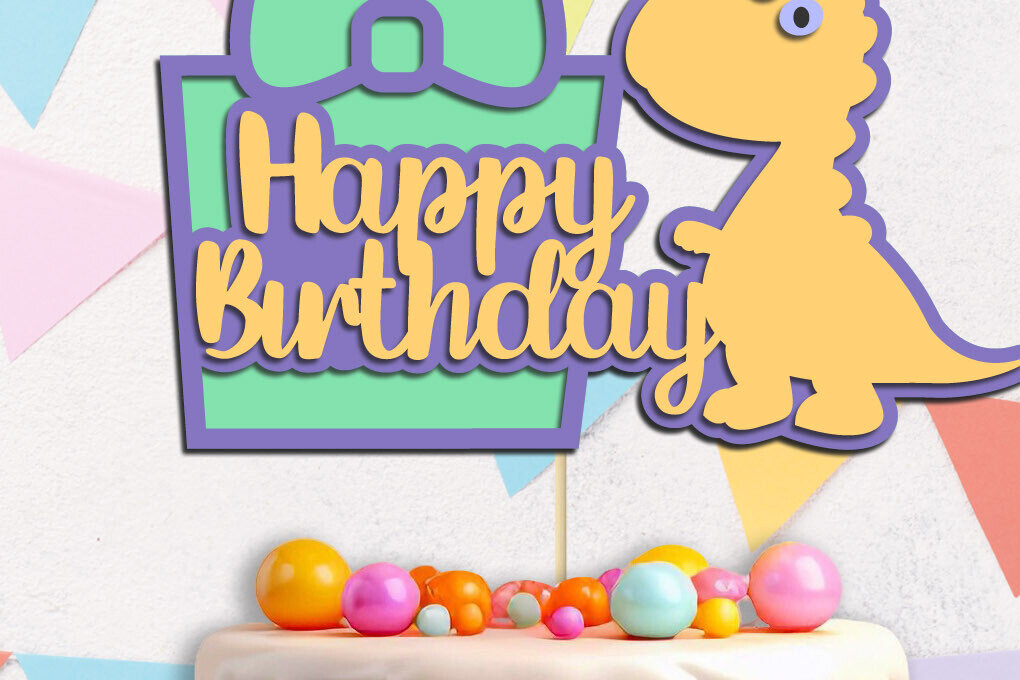 Σετ των 2 Intra απο ξύλο plywood 3mm-4mm πάχος 3d Happy Birthday , Dino Cake Topper Δίασταση 15x15 cm INTRAFABR-119666932