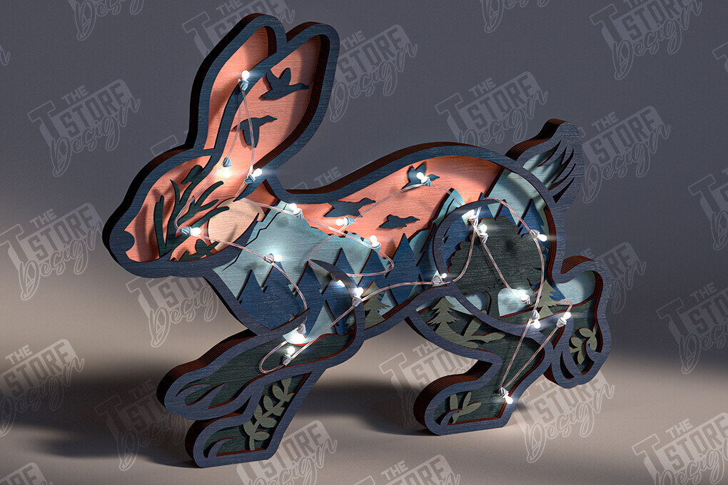 Σετ των 2 Intra απο ξύλο plywood 3mm-4mm πάχος 3D Λαγός Ξύλινο Σκαλιστικό Φωτιστικό | CNC Δίασταση 15x15 cm INTRAFABR-104130511