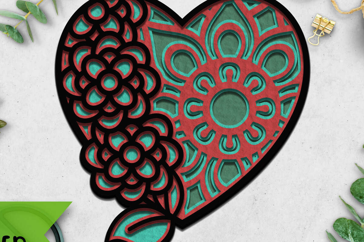 Σετ των 2 Intra απο ξύλο plywood 3mm-4mm πάχος 3D Heart Love Mandala Δίασταση 30x30 cm INTRAFABR-9485873